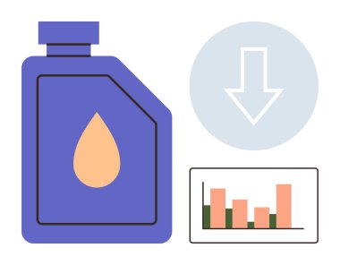 Motor yağı şişesi, bar çizelgesi ve aşağı doğru ok. Enerji, yakıt, sürdürülebilirlik, istatistik, ekonomi otomotiv çevresel etki için idealdir. Basit düz metafor