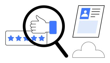 Kullanıcı geribildirim kavramı. Baş parmakları, yıldız derecesi ve profil kartı olan kullanıcı geribildirim incelemesi. İnternet itibarı, müşteri memnuniyeti ve veri analizi için kullanıcı geribildirimi. İş için, müşteri.