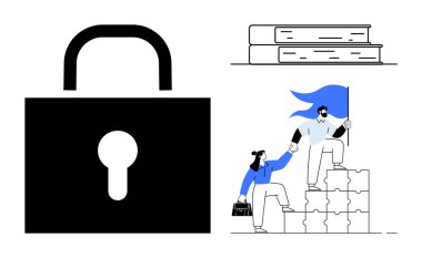 Siber güvenlik, takım çalışması, eğitim, liderlik, problem çözme, dijital işbirliği. Bir asma kilit, kitaplar ve insanlar bayrak ile bulmaca bloklarına tırmanıyorlar. Siber güvenlik ve takım çalışması kavramı