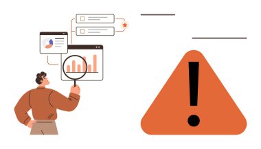 Veri tablolarını büyüteçle analiz eden kişi, büyük bir uyarı işareti gösteriyor. Risk yönetimi, veri analizi, uyarı uyarıları, proje denetimi, iş stratejisi, güvenlik kontrolleri için ideal