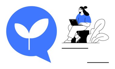 Sürdürülebilirlik kavramı. Çevre dostu değerleri yansıtan bir konuşma balonunda bir yaprak ikonu tarafından sürdürülebilirlik. Dizüstü bilgisayarda asgari tasarımla çalışan bir kadınla sürdürülebilirlik. Çevre için