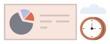 Metin blokları olan bir pasta grafiği ve veri analizi ve zaman arasındaki bağlantıyı aktaran bir analog saat. İş stratejisi, istatistik, toplantı, planlama, mühlet, üretkenlik, basit daire için ideal