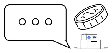 İşe alım konsepti. İşe alma sürecinde bir sohbet balonu iletişimi, bir para birimi işlemleri ve klasörde işe alma işlemleri için dokümanlar yer alır. HR için mükemmel, iş aramaları, serbest çalışma