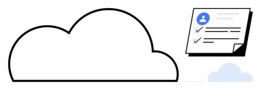 Büyük bulut çizgisi ve kontrol listesi ve kullanıcı profili içeren belge. Veri depolama, dijital organizasyon, bulut hesaplama, teknoloji, üretkenlik, belge yönetimi ve basit daire için ideal