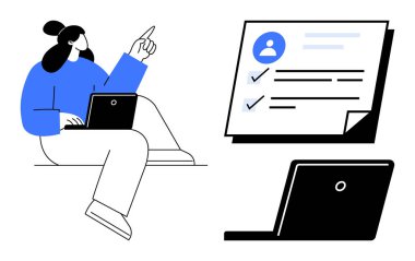 Dizüstü bilgisayarlı bir kadın profil detayları ve görevleri içeren listeyi işaret ediyor. Üretkenlik, yönetim, organizasyon, takım çalışması, online araçlar, planlama, beceri geliştirme için idealdir. Basit düz