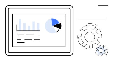 Veri analizi, iş operasyonları, işlem yönetimi, yazılım geliştirme, iş akışı otomasyonu, verimlilik araçları. Tablet ekranı çizelgeleri ve vitesli metinleri gösteriyor. Veri analizi ve iş