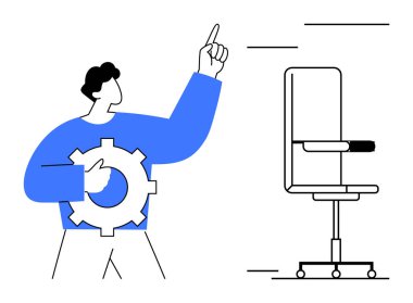 Takım çalışması, verimlilik, yenilik, ofis düzeni, iş akışı optimizasyonu, kurumsal eğitim. Ofis sandalyesinin yanında vites kolları tutan biri. Takım çalışması ve verimlilik kavramı