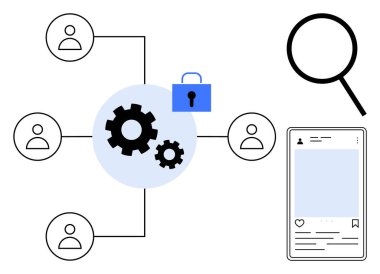 Dişlilere bağlı kullanıcı simgeleri ve güvenli bir kilit, büyüteç ve sosyal medya paylaşımı. Siber güvenlik, veri gizliliği, takım çalışması, teknoloji, ağ, sosyal medya için ideal