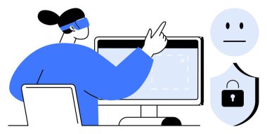 Sanal gerçeklik, siber güvenlik, çevrimiçi güvenlik, veri koruması, kullanıcı deneyimi, oyun teknolojisi. VR gözlüğü takan biri bilgisayarı işaret ediyor. Sanal gerçeklik ve siber güvenlik kavramı