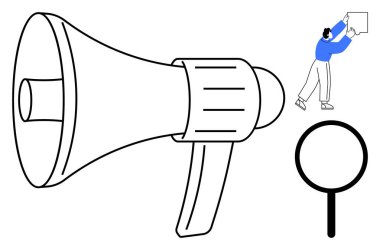 İletişim teması. Bir megafon, bir arama ikonu ve elinde tabela tutan bir kişi tarafından. Toplumsal yardım, pazarlama, farkındalık ve tanıtım için iletişim araçları. Teknoloji için faydalı