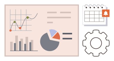 Çizgi grafiği, bar çizelgesi, pasta tablosu, tebligatlı takvim, vites simgesi. Analiz, planlama, üretkenlik iş akışı iş stratejisi veri yönetimi organizasyonu için idealdir. Basit düz metafor