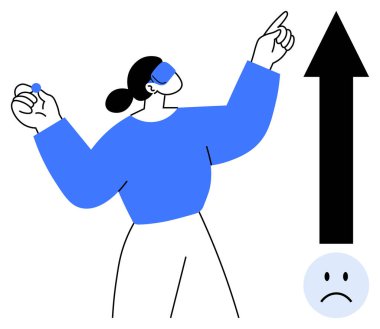 Büyüme konsepti. İnsan, kişisel gelişimi yansıtan sembollerle, yükselen büyümeye işaret ederek zorlukları keşfeder. Büyüme ve iş, kişisel gelişim ve motivasyon için zorlukların üstesinden gelme