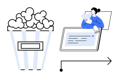 Eğlence konsepti. Eğlence arasında patlamış mısırın tadını çıkarmak ve dijital cihazlardaki yayın hizmetleri yer alıyor. Eğlenceye rahatlama ve rahatlama için her zaman erişilebilir. Uygun.