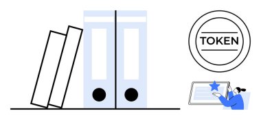 Belge organizasyonu, kimlik doğrulama sistemleri, veri depolama, engelleme zinciri işlevselliği, kullanıcı etkileşimi, ofis araçları. Tablette simgesi ve kullanıcısı olan kitaplar ve klasörler. Belge örgütü