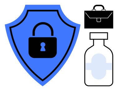 Veri güvenliği, tıbbi güvenlik, iş koruma, siber güvenlik, mahremiyet, sağlık hizmetleri. Kilitli bir kalkan, bir çanta ve tıbbi bir şişe. Veri güvenliği ve tıbbi güvenlik kavramı