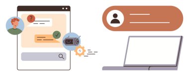 Sohbet arayüzü kullanıcı sorularını, cevaplarını, yapay zeka doğrulamasını, otomasyon dişlilerini ve dizüstünü gösteriyor. İletişim, teknoloji, müşteri hizmetleri, yapay zeka etkileşimi sanal sohbet robotu asistanı için ideal