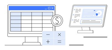 Finans, bütçe, dijital araçlar, muhasebe, veri analizi, çevrimiçi yönetim. Hesap tablosu ve hesaplama araçlarını gösteren iki monitör. Modern dijital araçlarda finans ve bütçe