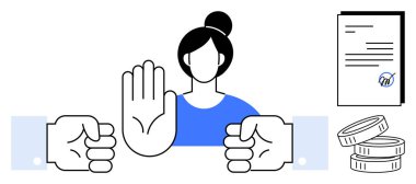 Etik kararlar, finansal görüşmeler, reddedilme, yasal anlaşmalar, iletişim, sınırlar. Kadın elini kaldırıyor, madeni para sözleşmesi. Etik kararlar ve mali müzakere kavramı