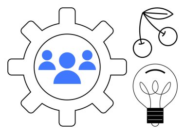 İş takım çalışması, fikir üretimi, stratejiler, yaratıcılık, proje yönetimi ve yenilik. Mavi, ampul ve kirazlı insanlarla dolu bir vites. İş ekibi çalışması ve yaratıcılık