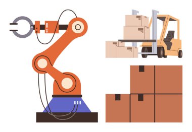 Robot kol kaldırma, forklift kutuları depoya taşıma. Otomasyon, lojistik, endüstri, yenilik, verimlilik, teknoloji depolama yönetimi için ideal. Basit düz metafor