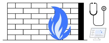 Siber güvenlik, sağlık teknolojisi, veri koruması, çevrimiçi güvenlik, tıbbi sistemler, ağ güvenliği. Alevli tuğla bir duvar, steteskop ve bilgisayar ekranı. Siber güvenlik ve sağlık hizmetleri