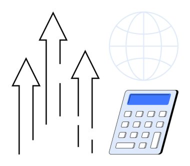 Finansal büyüme, iş analizleri, küresel ekonomi, veri görselleştirme, kar hesaplaması, borsa eğilimleri. Yukarı doğru oklar, hesap makinesi küre simgesi. Mali büyüme ve iş analizleri