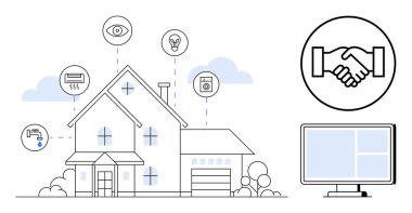 Akıllı ev teknolojisi. Otomasyon, enerji verimliliği ve uzaktan kumandalı akıllı bir ev. Akıllı ev kolaylığı, güvenliği ve enerji yönetimini arttırıyor. Teknoloji için, ev dışında.