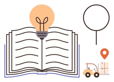 Ampul, forklift taşınan kutular, büyüteç ve yer işaretleyicili açık bir kitap. Lojistik, eğitim, yenilik, dağıtım araştırma navigasyon yaratıcılığı için idealdir. Basit düz metafor