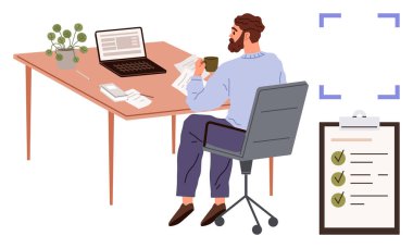 Çalışanlar kahve fincanı tutan çalışma belgelerini inceliyor, yeşil keneli listeler, dizüstü bilgisayarlar, saksı bitkileri. Üretkenlik, organizasyon, işyeri, görevler, profesyonel odaklanma için ideal