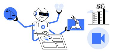 Yapay zeka, otomasyon, dijital sağlık hizmeti, hukuki teknoloji, 5G iletişim, gelecekteki endüstriler. Bu kavramlar dijital elementlerle etkileşime geçen bir robot. Yapay zeka ve otomasyon teknolojisi