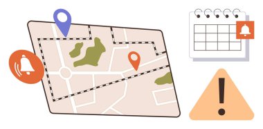 Konum pimleri, uyarı simgeleri, takvim ve ünlem işaretli harita iletişim, hatırlatıcılar, zamanlama, olay planlama, konum izleme, bildirimler ve verimli zaman yönetimi