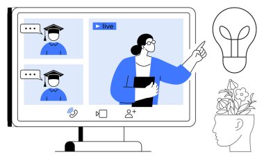 Öğretmen, iki öğrenciyle sanal sınıfa ev sahipliği yaparken işaret etti. Uzaklık eğitimi, dijital işbirliği, e-öğrenme, bilgi paylaşımı, çevrimiçi eğitim, yenilik için ideal