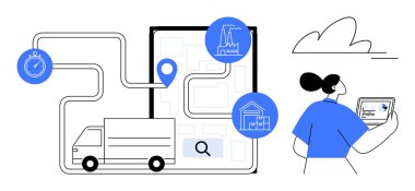 Lojistik yönetimi, tedarik zinciri, rota optimizasyonu, dağıtım hizmetleri, teknoloji entegrasyonu, izleme sistemleri. Yol haritalı bir kamyon ve elinde tablet olan biri. Lojistik yönetim ve arz