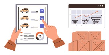 Tabletten ürün seçen kişi, alışveriş arabalarıyla satış grafiği ve lojistiği temsil eden kutular. Ecommerce, marketing, business, perakende, envanter, analizler için ideal basit düz
