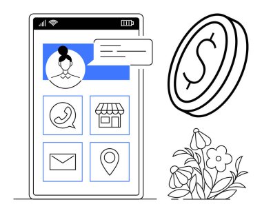 Dijital ödemeler, e-ticaret alışverişi, müşteri hizmetleri, mobil uygulamalar, finansal araçlar, iletişim. Kullanıcı simgesi, uygulama düğmeleri madeni para ve çiçeklerle mobil arayüz. Dijital ödemeler