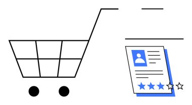 Minimalist alışveriş arabasının yanı sıra profil resmi, metin detayları ve yıldız reytingleri içeren bir inceleme belgesi. E-ticaret, ürün değerlendirmeleri, müşteri değerlendirmeleri, çevrimiçi değerlendirmeler, alışveriş için ideal.