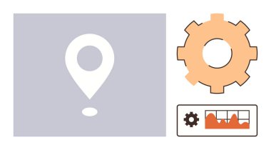 Beyaz lokasyon iğnesi, turuncu dişli ve performans çizelgesi olan küçük grafik monitörü. Strateji, teknoloji, verimlilik, analitik, navigasyon, planlama işlemleri için ideal basit düz metafor