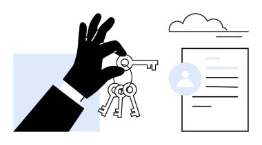 Dijital güvenlik, gizlilik, erişim kontrolü, kimlik yönetimi, bulut depolama ve veri koruması. Bir belge ve bulutun yanında el ele tutuşan anahtarlar. Güvenlik ve gizlilik kavramı