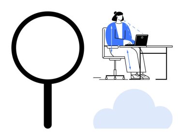 Bulut hesaplama konsepti. Büyüteç arama ve analizi görselleştirir. Bulut bilgisayarı uzaktan çalışan kişinin yanında görüntülendi. Teknoloji, veri depolama, uzak araçlar, bilişim çözümleri için