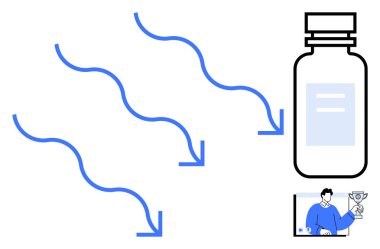 Bir ilaç şişesini gösteren oklar ve sağlık, ilerleme, başarı ve hedef başarısını temsil eden ödüllü bir kişi. Sağlık, motivasyon, refah kavramları ve iş için ideal