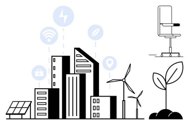 Yenilenebilir enerji, kentsel gelişim, sürdürülebilirlik, yeşil teknoloji, temiz güç, çevre dostu büyüme. Modern şehir binaları, rüzgar türbinleri güneş panelleri ve büyüyen bir bitki. Yenilenebilir enerji
