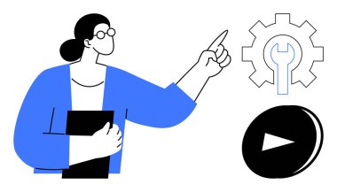 Profesyonel eğitim, iş stratejisi, teknik rehberlik, yenilik, eğitim, takım çalışması. Kadın dişliyi ve alet sembolünü işaret ediyor. Eğitim ve iş stratejisi kavramı