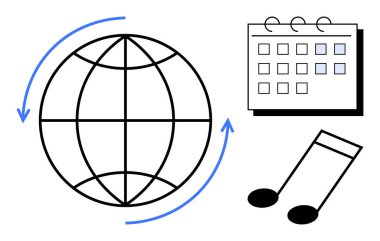 Kavisli okları olan dünya, işaretli tarihleri olan takvim, müzik notaları. Küresel iletişim için ideal, dünya olayları, seyahat planlaması, programlama, müzik, takım çalışması basit düz metafor