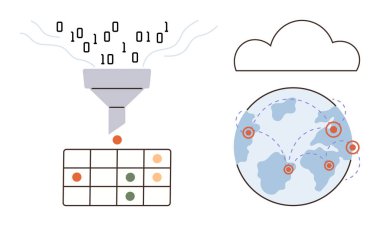 Bir huniden ayrıştırılmış birimlere işlenmiş ikili veri, bir bulut depolama anlamına gelir, ve bir küre küresel bağlantıyı gösterir. Veri analizi, bulut hesaplama, yapay zeka, teknoloji, küresel ağlar için ideal
