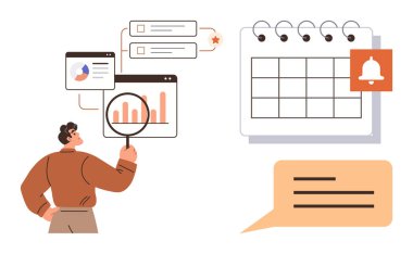 Adam dijital ekranlardaki grafikleri büyüteçle, takvimi hatırlatıcı simgeyle ve mesaj baloncuğuyla inceliyor. Üretkenlik, proje planlaması, analiz, zaman izleme ve iletişim için ideal