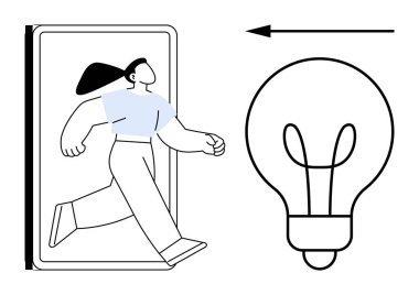 Yaratıcılık konsepti. Yaratıcılık, telefondan çıkan bir kadın ve yenilikleri simgeleyen bir ampul gibi. Yaratıcılık fikri, çözümler, ilerleme, beyin fırtınası. Teknoloji ve ilham için mükemmel.