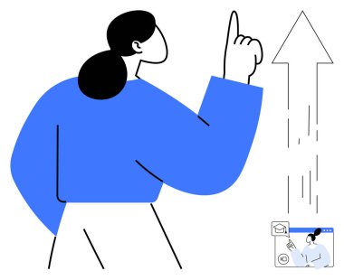 İş stratejisi, iletişim, dijital pazarlama, sanal etkileşim, hedef belirleme, başarı büyümesi. Bir ok ve dijital arayüzle yukarıya bakan bir kadın. İş stratejisi