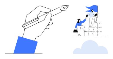 Creativity, teamwork, leadership, success, collaboration, innovation. Hand holding a pen and business team climbing blocks. Creativity and teamwork concept