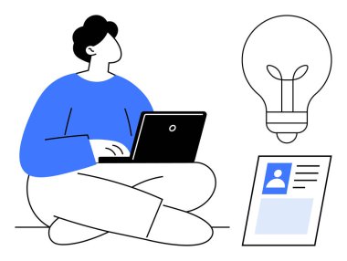 Çevrimiçi kimlik kavramı. Bilgisayarı, ampulü ve internet kimliğini ve yeniliğini gösteren kimlik belgesi olan bir kişi. Teknoloji, eğitim, iş, yaratıcılık ve dijital alanlarda çevrimiçi kimlik yönetimi