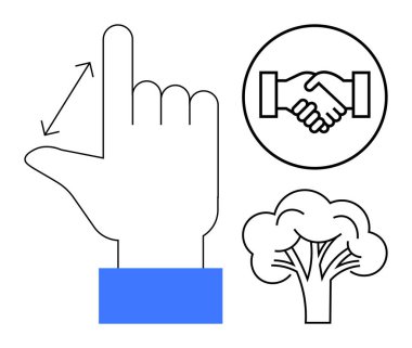 Jest kontrolü. El hareketi etkileşimi ve teknoloji. Ortaklık için el sıkışma sembolü ve sürdürülebilirlik için ağaç simgesi. İletişim ve ekolojik uygulamalarla bağlantılı hareket kontrolü. Uygun.